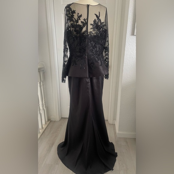 Terani Couture Embroidered Long Sleeve Front Slit Ruffled Mermaid Gown.